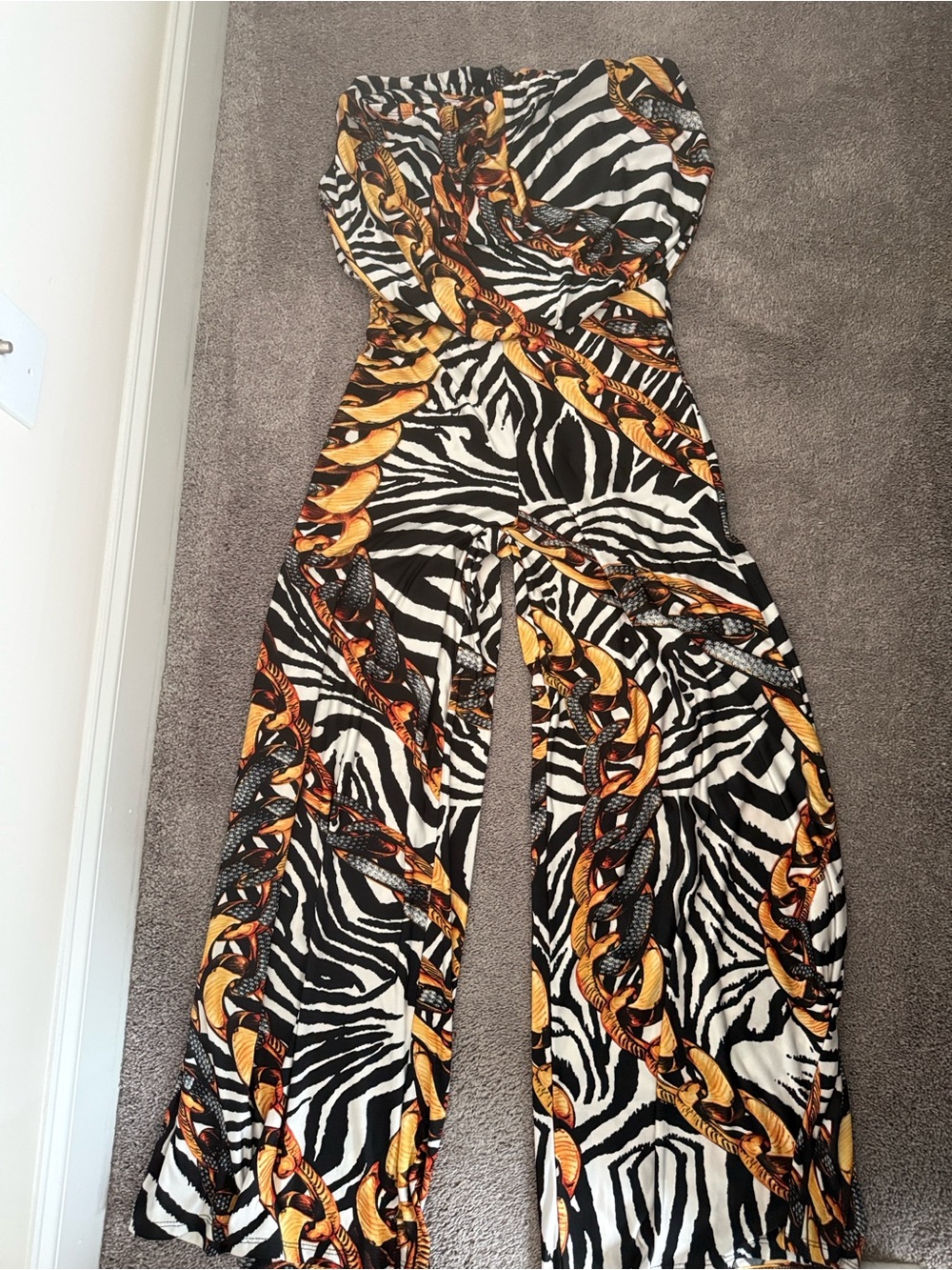 Symphony Zebra-Print Strapless Wide-Leg Jumpsuit with Gold Chain Pattern